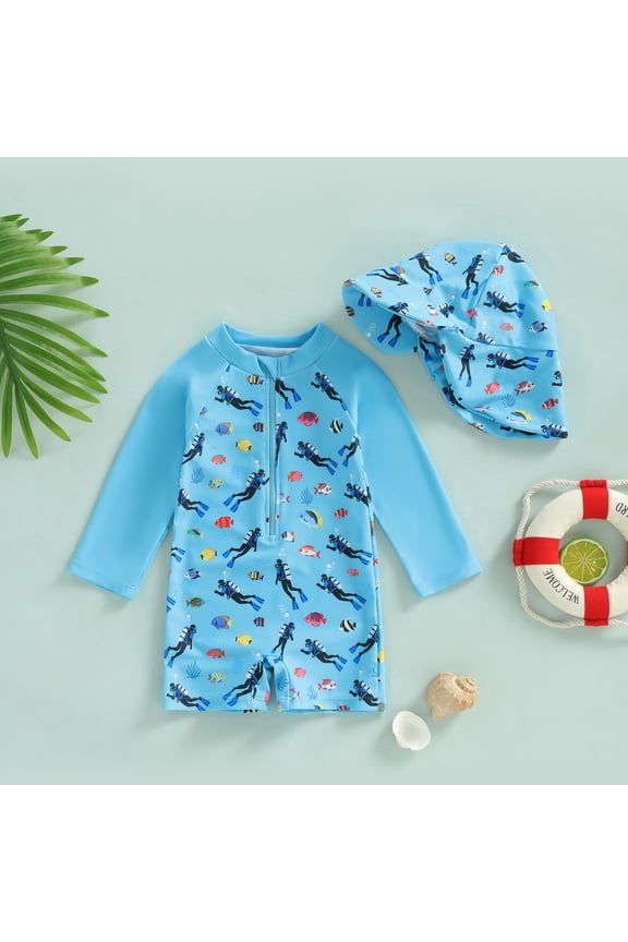 Baby Boy Swimsuit One Piece Cute Zipper Bathing Suit Rash Guard Long Sleeve Swimwear Toddler Kids Sunsuit Blue