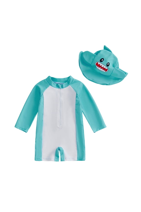 Baby Boy Swimsuit UPF 50+ Sun Protection One Piece Zipper Bathing Suit with Sun Hat Beach Swimwear Green