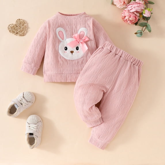 FASHOFT Baby Girl Easter Outfit Cute Rabbit Embroidered Long Sleeve Top and Pants Set 2 Piece Spring Outfits Set Pink 6-9 Months