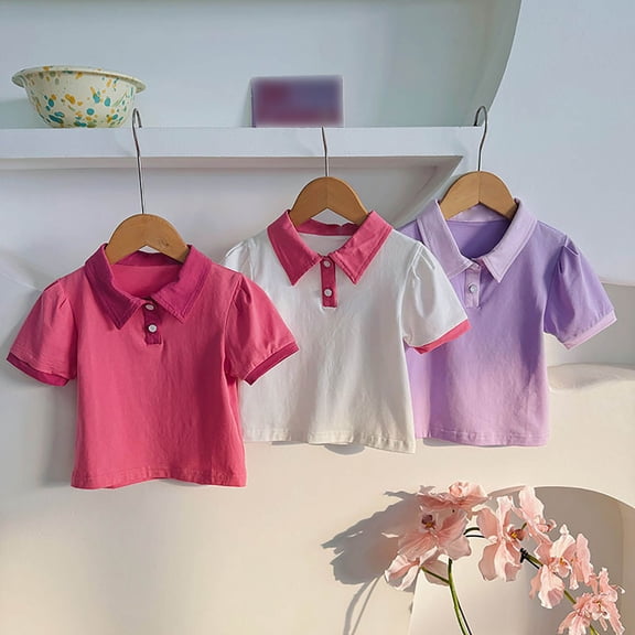FASHOFT Baby Girl Graphic Tees Contrast Color Preppy Style Lapel Polo Shirts Smart Elegant Casual Collared Tops Wearable Outdoor Party Girl Clothing Baby Girl Summer Tops Dark Purple 18-24 Months