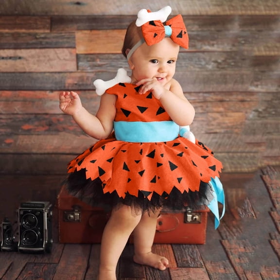 FASHOFT Baby Girl Halloween Caveman Cavegirl Stone Age Outfit with Headband Toddler Girl Halloween Cosplay Dress Up Photoshoot Orange 18-24 Months