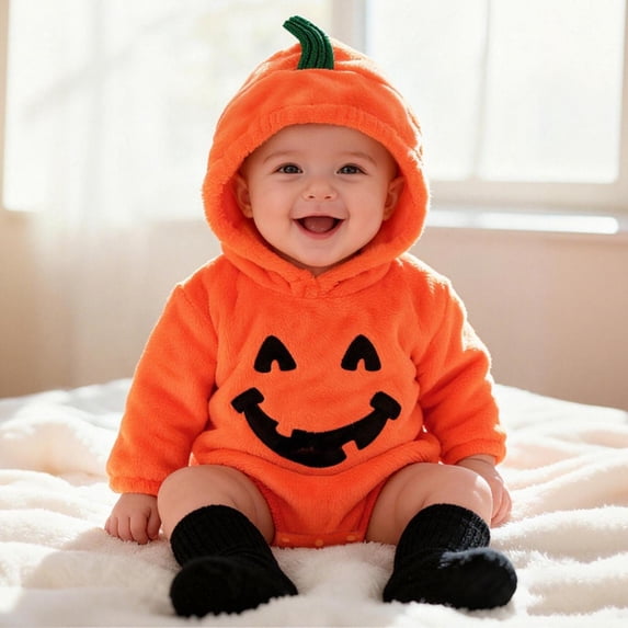 FASHOFT Baby Girl Halloween Outfit Long Sleeve Cartoon Pumpkin Shaped Hooded Romper Cosplay Bodysuit Jumpsuit For Holiday Party Dress Up Wear Halloween Orange 9-12 Months