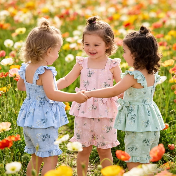 FASHOFT Baby Girl Summer Clothes Cute Floral Print Bow Ruffle Tops Dress Shorts Outfits Set Toddler Shrit Shorts Princess Outfit Pink 2-3 Years