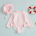 thumbnail image 1 of FASHOFT Baby Girl Swimsuit Bathing Suit with Hat Striped Summer Beach Swim Suit One Piece Swimwear for Girls Pink, 1 of 4