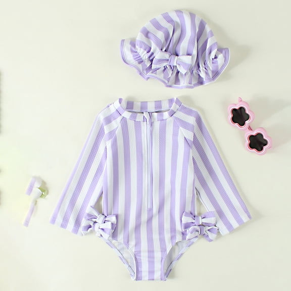 FASHOFT Baby Girl Swimsuit Infant Bathing Suit with Hat Striped Summer Beach Swim Suit Newborn One Piece Swimwear for Girls Purple