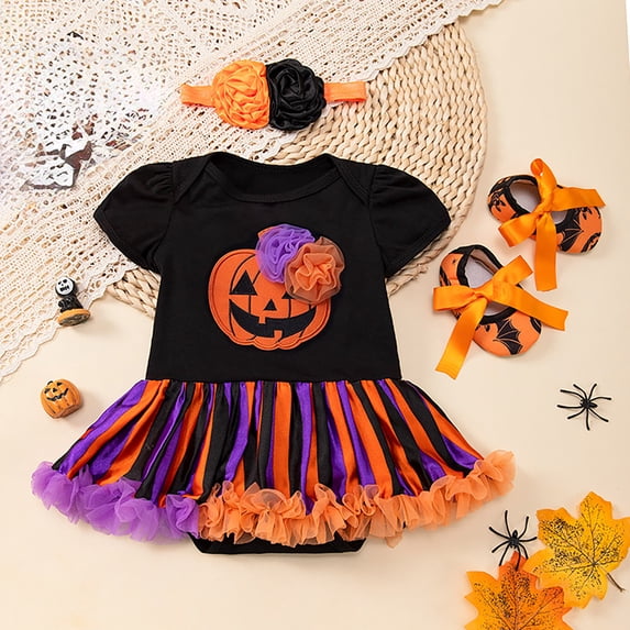 FASHOFT Baby Halloween Cartoon Pumpkin Skull Print Romper Dress And Shoes 3 Piece Set Unisex Baby Party Outfit Cute Holiday Wear Halloween B 6-12 Months