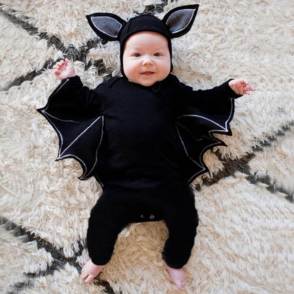 FASHOFT Baby Halloween Long Sleeve Bat Wing Romper Bodysuit With Cartoon Ear Hat Set Cosplay Outfit For 6-24 Months Halloween Black 100/18-24Y