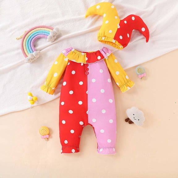 FASHOFT Baby Halloween Costumes Long Sleeve Clown Shape Romper With Hat Fall Spring Kids Cosplay Outfit Cute Holiday Performance Costume Kids Halloween Dress Up Red 1-2 Years