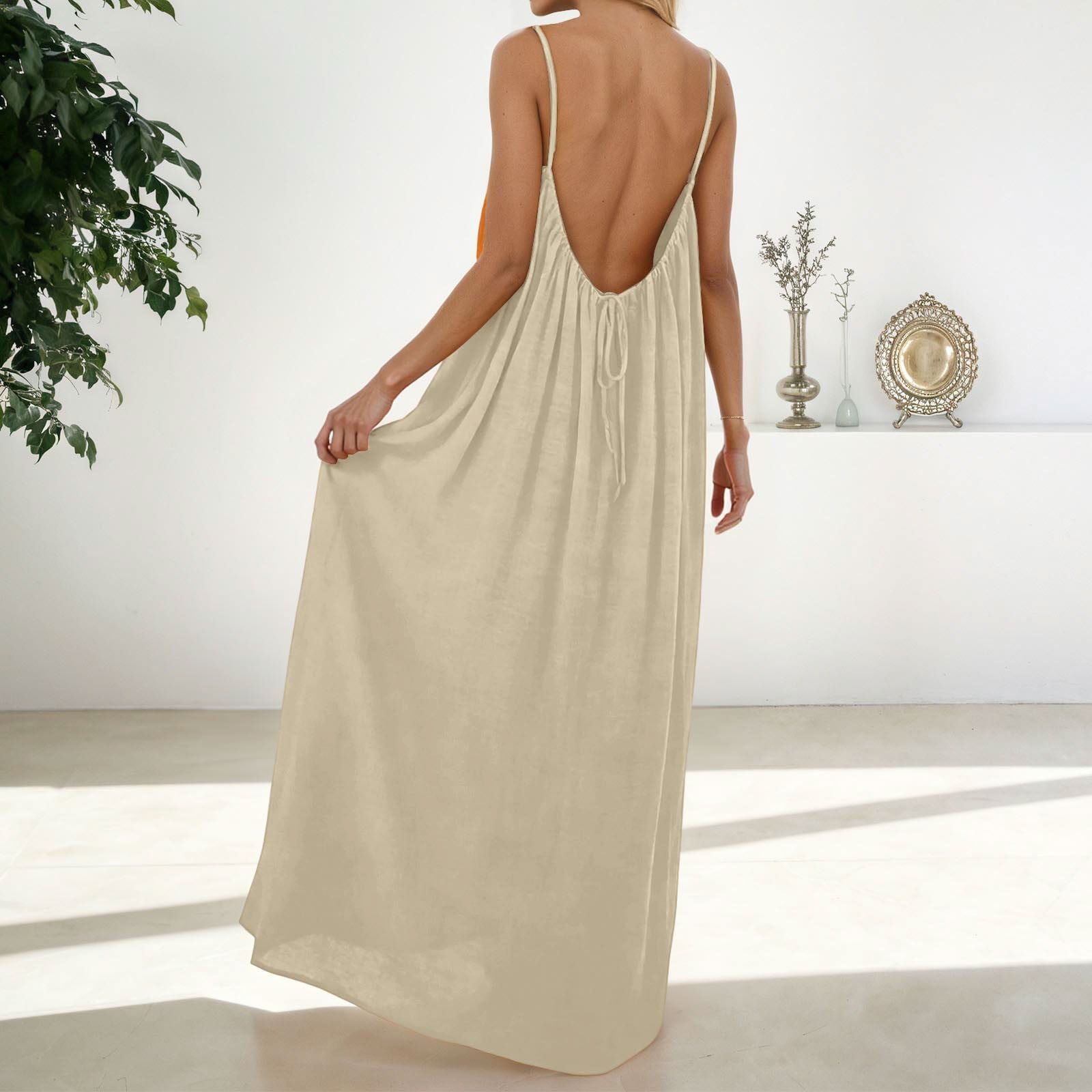 Backless Spaghetti Strap Maxi Dress White / M
