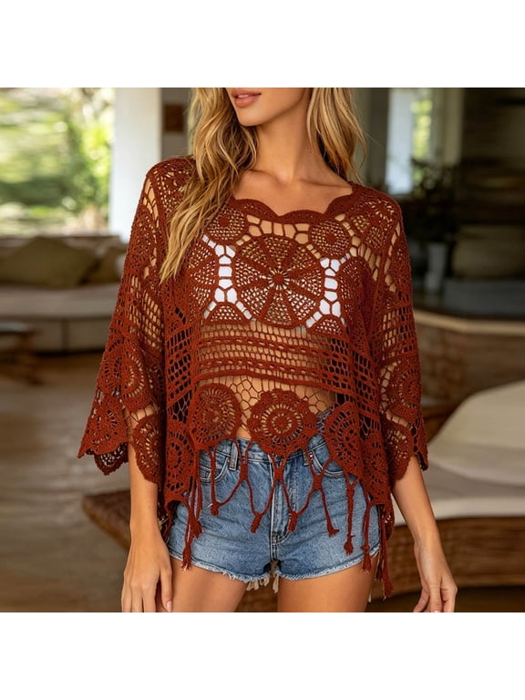 Beach Cover Ups for Women Hollow Out Knit Crew Neck Swimsuit Cover Up Shirt Bathing Suit Crochet Top Wine One Size