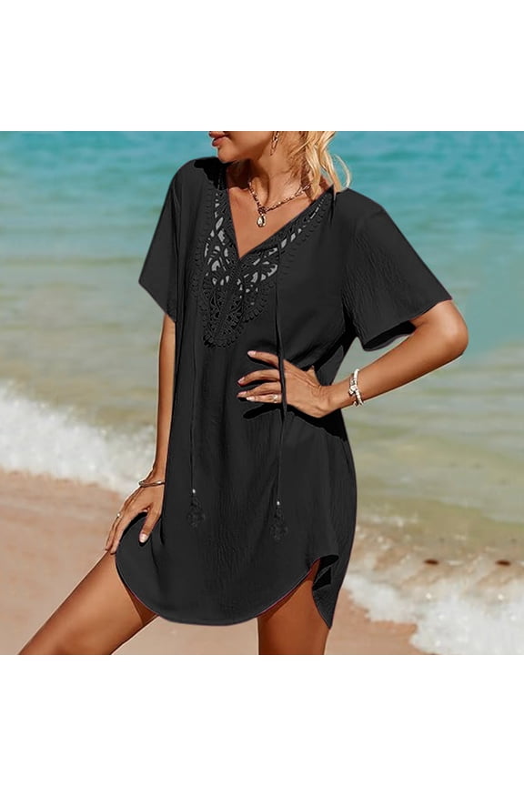 Beach Cover Ups for Women V Neck Long Swimsuit Cover Up Shirt Dress Bathing Suit with Pockets Black L