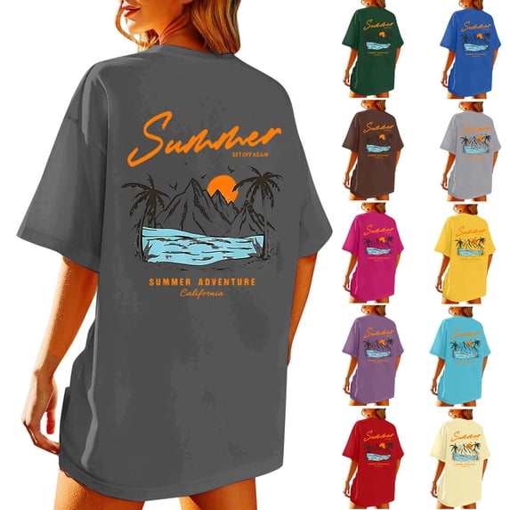 FASHOFT Beach Oversized Graphic Tees for Women Vintage Adventure Shirts Baggy Summer Vacation Tops Hot Pink S