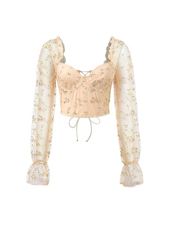 Beige Corset Tops For Women Embroidery Patchwork Sheer Mesh Low Cut Underwire Long Sleeve Top Boned Waist Cinching Elegant Body Shaper For Party Lace Corset Top XXL