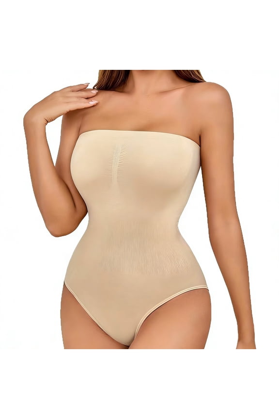 Beige Women's Shapewear Control Panties Solid Seamless Tube Top High Waist Thong Bodysuit Tummy Booty Compression Tight Shaper Thong Shapewear L
