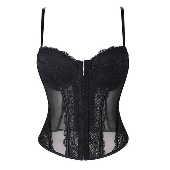 FASHOFT Black Corset Shapewear For Women Thin Strap Semi Sheer Boned Waist Cinching Top Lightweight Body Shaping Everyday Wear Bustier Corset L