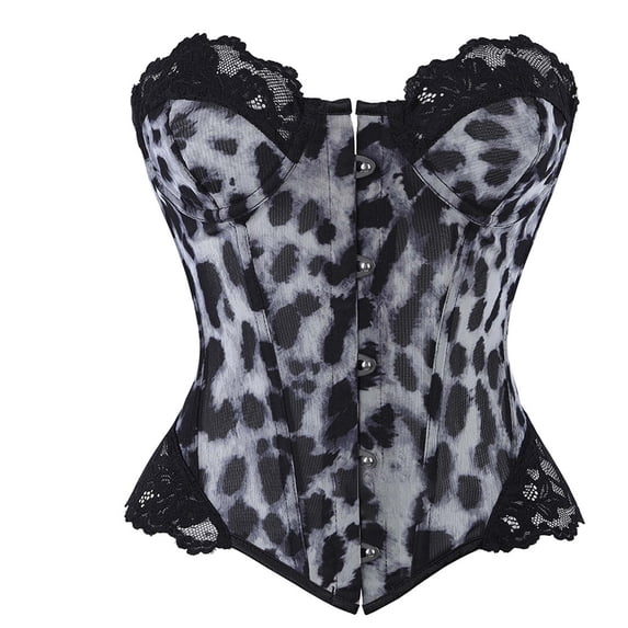 FASHOFT Black Corset Tops For Women Metal Hook Closure Slim Fit Leopard Print Mesh Lace Bustier Waist Cinching Bust Support Fashion Body Shaper For Night Out Black Lace Corset Top L