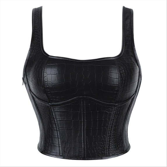 FASHOFT Black Renaissance Corset Top For Women Black Crocodile Faux Leather Y2K Spaghetti Strap Tank Slim Fit Cropped Waist Cinching Top Leather Corset Top L