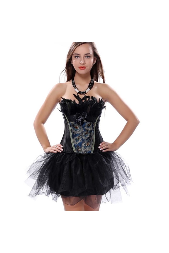 Black Renaissance Corset Top For Women Feather Decor Court Style Boned Waist Bustier Push Up Elegant Body Shaper For Special Occasion Wear Corset Maxi Dress XL
