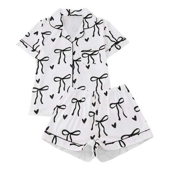 FASHOFT Bow Pajamas for Women Set Cute Bowknot Graphic Button Down Valentines Pjs Shorts Set Ruffle Notch Collar 2 Piece Sleepwear Black M