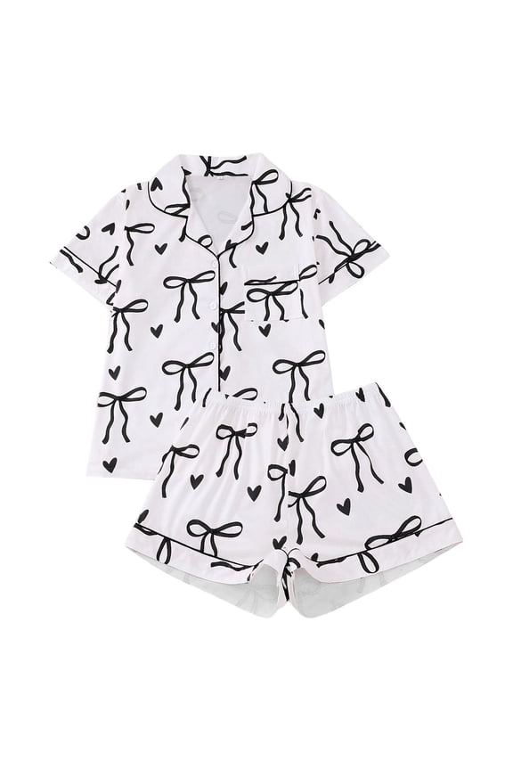 Bow Pajamas for Women Set Cute Bowknot Graphic Button Down Valentines Pjs Shorts Set Ruffle Notch Collar 2 Piece Sleepwear Black M