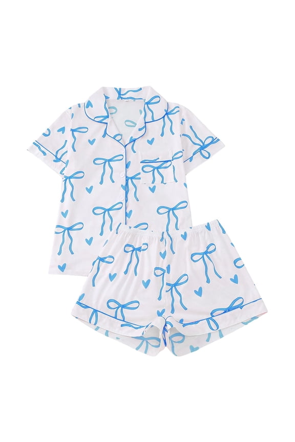 Bow Pajamas for Women Set Cute Bowknot Graphic Button Down Valentines Pjs Shorts Set Ruffle Notch Collar 2 Piece Sleepwear Blue M