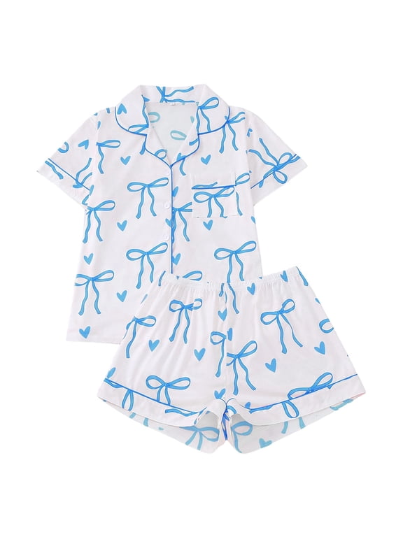 Bow Pajamas for Women Set Cute Bowknot Graphic Button Down Valentines Pjs Shorts Set Ruffle Notch Collar 2 Piece Sleepwear Blue S