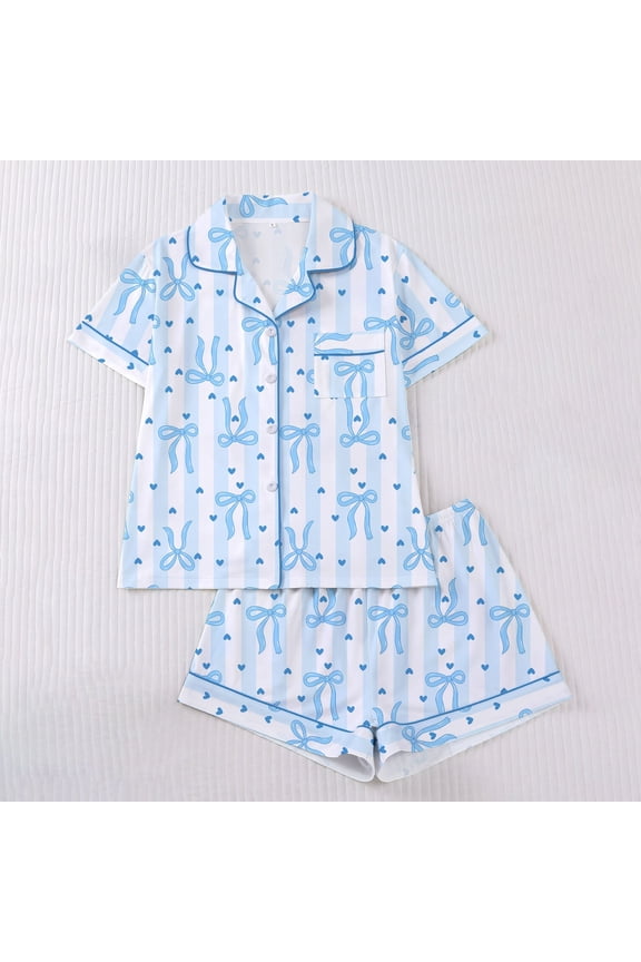 Bow Pajamas for Women Set Cute Graphic Button Down 2 Piece Pjs Shorts Set Ruffle Notch Collar Sleepwear Blue S