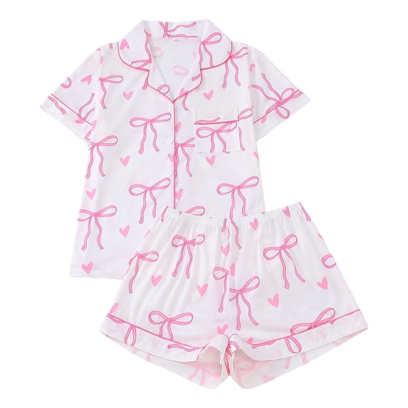 FASHOFT Bow Pajamas for Women Set Cute Graphic Button Up Soft Pjs Short Sleeve 2 Piece Lounge Sets Comfy Valentines Day Sleepwear White L