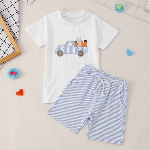FASHOFT Boys Easter Outfit Set Baby Summer 2 Piece Carrot Embroidered Short Sleeve Shirts Striped Shorts Outfits White 6-12 Months