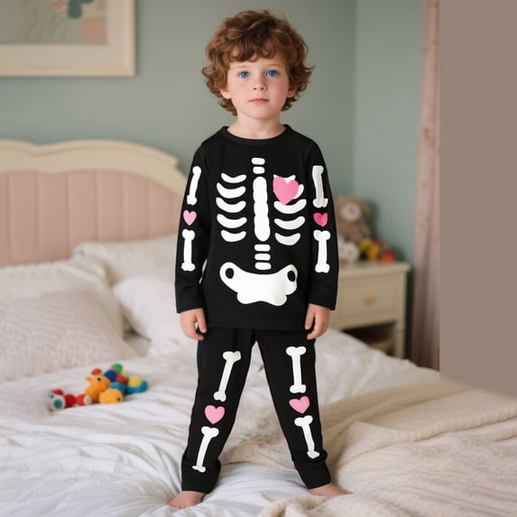 FASHOFT Boys Halloween Skeleton Print Long Sleeve Top And Pants Set Casual 2 Piece Outfit For Children 2-8 Years Holiday Cosplay Wear Toddler Halloween Black 8-9 Years