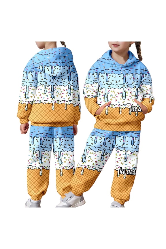 Boys Sweatsuit Ice Cream Drip Graphic Hoodie And Sweatpants 2 Piece Outfits Set Ice Cream Tracksuit Y2K Cute Preppy Jogger Sets Blue