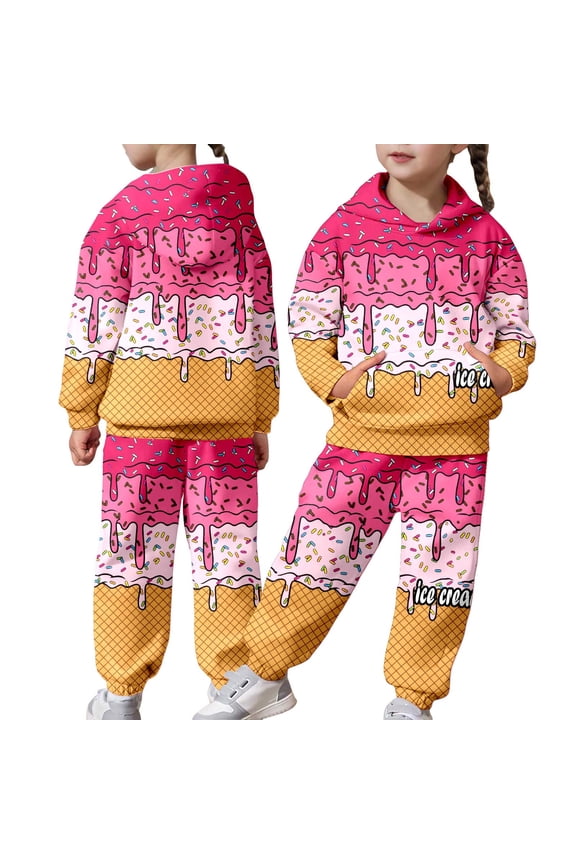 Boys Sweatsuit Ice Cream Drip Graphic Hoodie And Sweatpants 2 Piece Outfits Set Ice Cream Tracksuit Y2K Cute Preppy Jogger Sets Hot Pink
