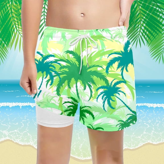 FASHOFT Boys Swim Trunks Kid Swim Short with Mesh Liner Hawaiian Printing Little Boys Bathing Suit Green