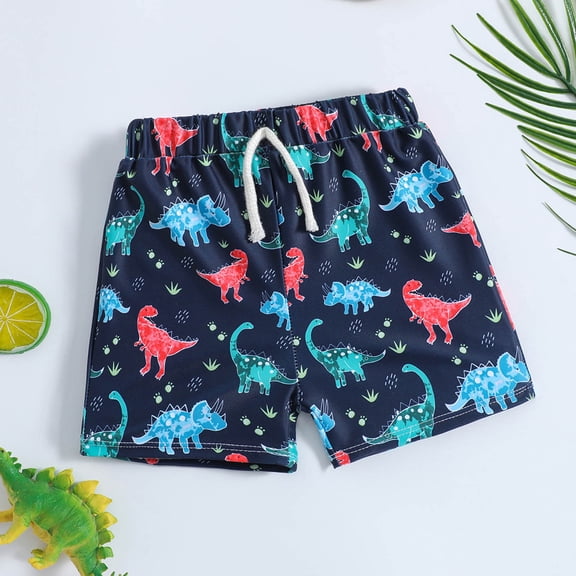 FASHOFT Boys Swim Trunks Quick Dry Bathing Suit Beach Poor Cartoon Dinosaur Print Boy Swim Shorts Navy