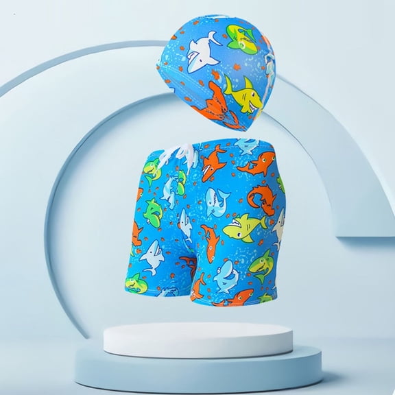 FASHOFT Boys Swim Trunks Quick Dry Bathing Suit for Beach Poor Kids Hawaiian Print Board Shorts with Hat Sky Blue