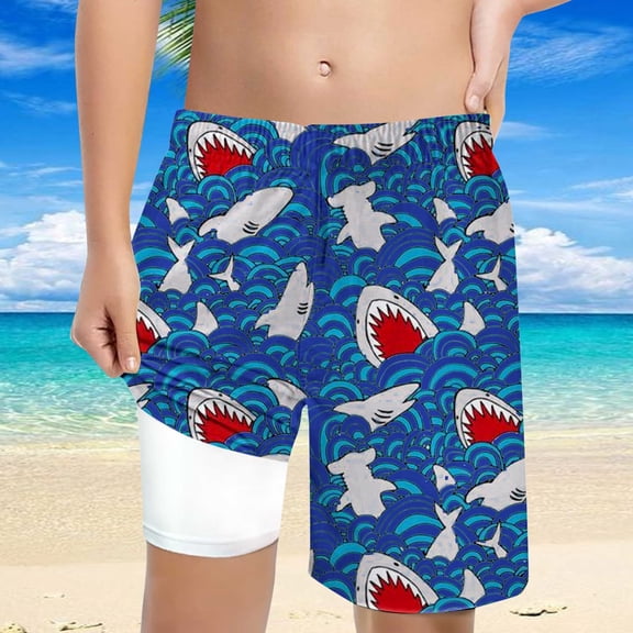 FASHOFT Boys Swim Trunks with Compression Liner Hawaiian Print Bathing Suit Quick Dry Beach Poor Swimsuit Kids Swim Shorts Blue