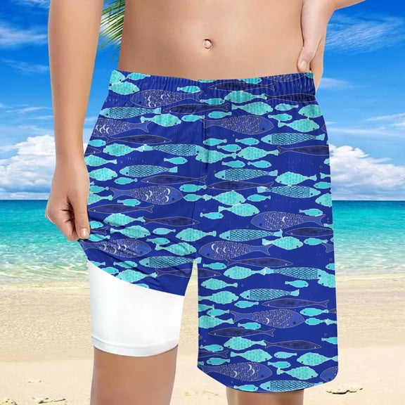 FASHOFT Boys Swim Trunks with Compression Liner Hawaiian Printing Boxer Brief Bathing Suit Quick Dry Beach Poor Swimsuit Kids Swim Shorts Blue