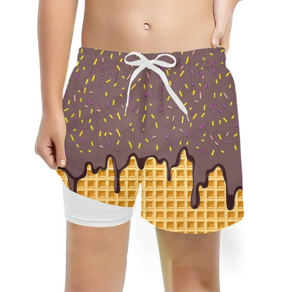 FASHOFT Boys Swim Trunks with Compression Liner Ice Cream Big Kids Bathing Suit Quick Dry Board Shorts Coffee