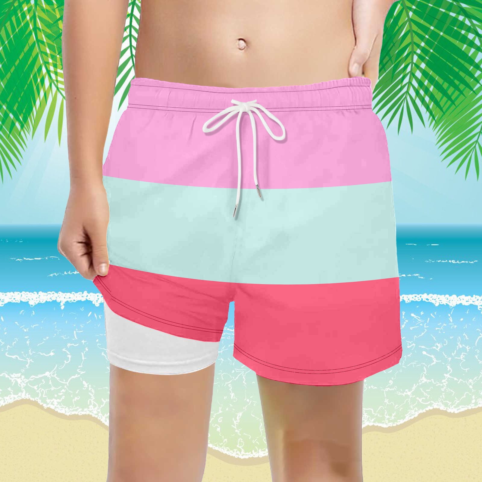 FASHOFT Boys Swim Trunks with Mesh Liner Color Block Comfortable Swimming Shorts Stretchy Quick Dry Kids Board Shorts Pink