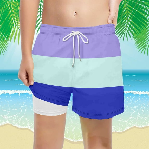 FASHOFT Boys Swim Trunks with Mesh Liner Color Block Comfortable Swimming Shorts Stretchy Quick Dry Kids Board Shorts Purple