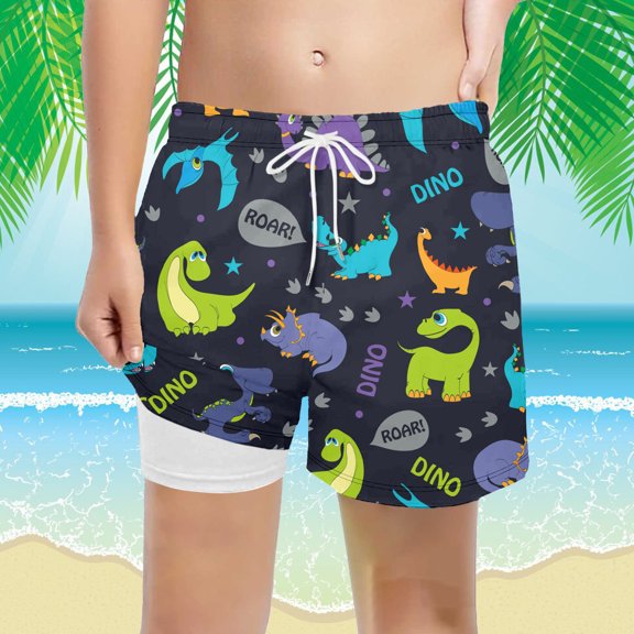 FASHOFT Boys Swim Trunks with Mesh Liner Quick Dry Dinosaur Printing Kids Swim Shorts Stretch Board Shorts Black