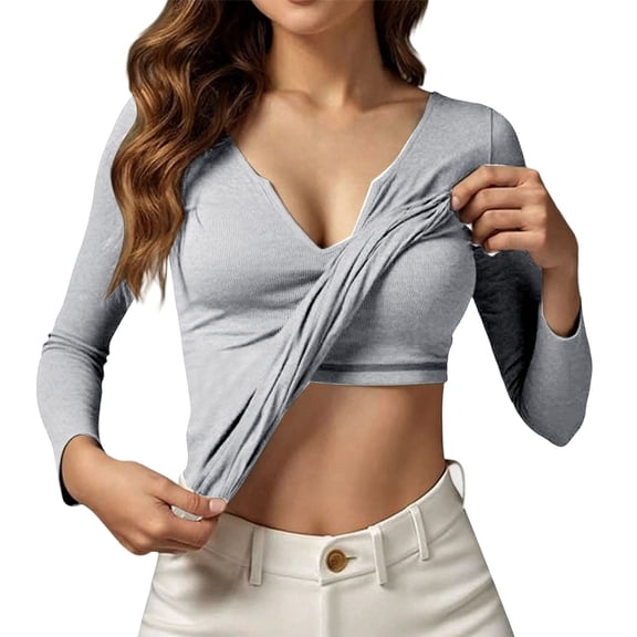 FASHOFT Built in Bra Tops for Women Long Sleeve V Neck T Shirts Slim Fit Casual Basic Tops Solid Blouse Grey L