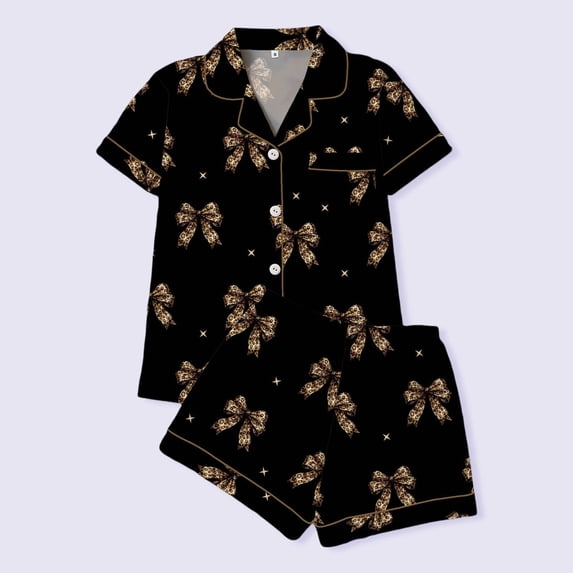 FASHOFT Button Up Pajamas For Women Set 2 Piece Bow Print Summer Cute Pjs Sets Lounge Matching Button Shirt with Shorts Sleepwear Black L