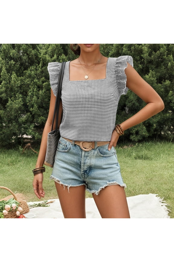 Cap Sleeve Tops for Women Square Neck Peplum Y2k Blouses Lace Up Layered Lettuce Trim Flared Ruffle Hem Tee Shirt Black L