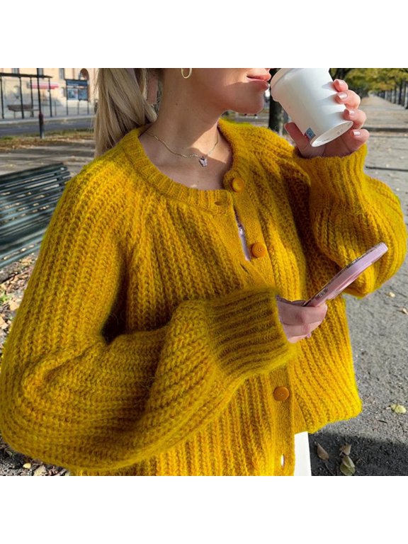 Cardigan For Women American Style Loose Lazy Vibe Solid Long Sleeve Sweater Cardigan Casual Oversized Knit Outerwear Oversized Cardigan Yellow M