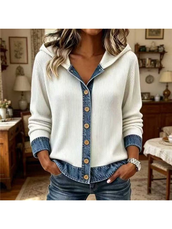 Cardigan For Women Fall Printed Denim Patchwork Hooded Long Sleeve Button Down Slim Fit Shirt Cardigan Casual Stylish Outerwear Knit Cardigan White M