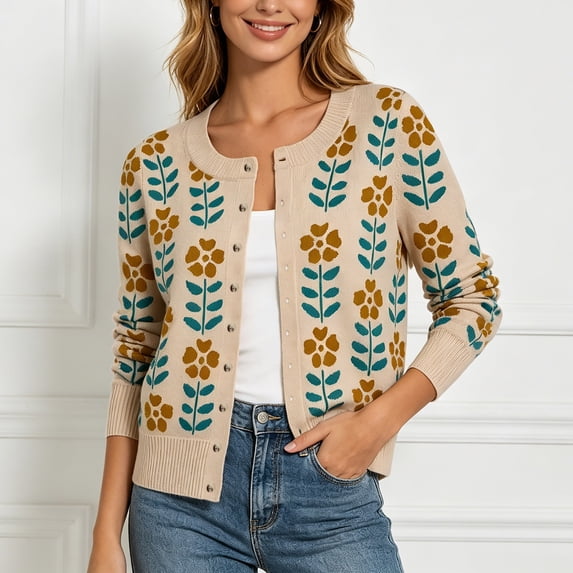 FASHOFT Cardigan For Women Knit Cardigan Floral Print Long Sleeve Crew Neck Button Down Top Elegant Casual Layering Outerwear Floral Cardigan Khaki XL