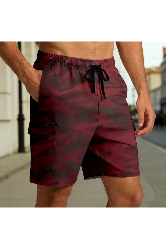 Casual Shorts For Men Twill Weave Gradient Camo Pattern Multi Pocket Loose Daily Running Shorts Wine S