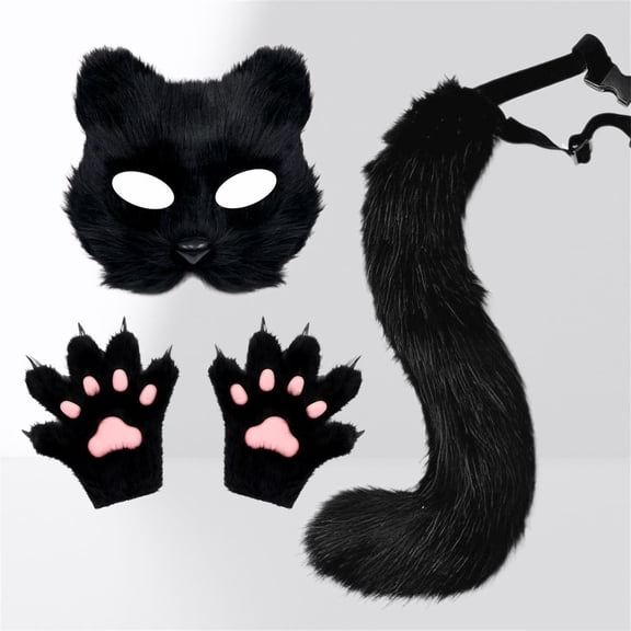 FASHOFT Cat Cosplay Halloween Set Face Paws Gloves Tail Furry Animal Role Play Masquerade Party Fancy Dress Up Outfit Halloween One Size