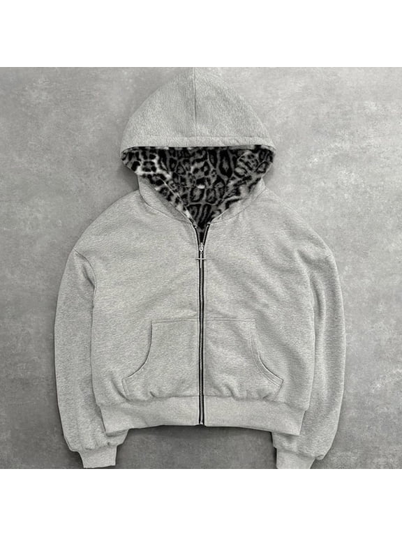 Cheetah Print Zip Up Hoodie Women Leopard Print Reversible Y2K Jacket Oversized Long Sleeve Hoodies Streetwear S